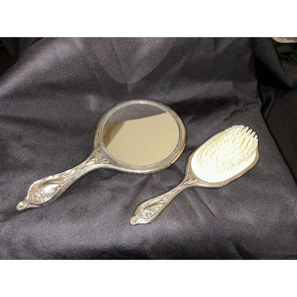 Antique Silver-Plated Brush and Mirror Floral Lily Design Vanity Set